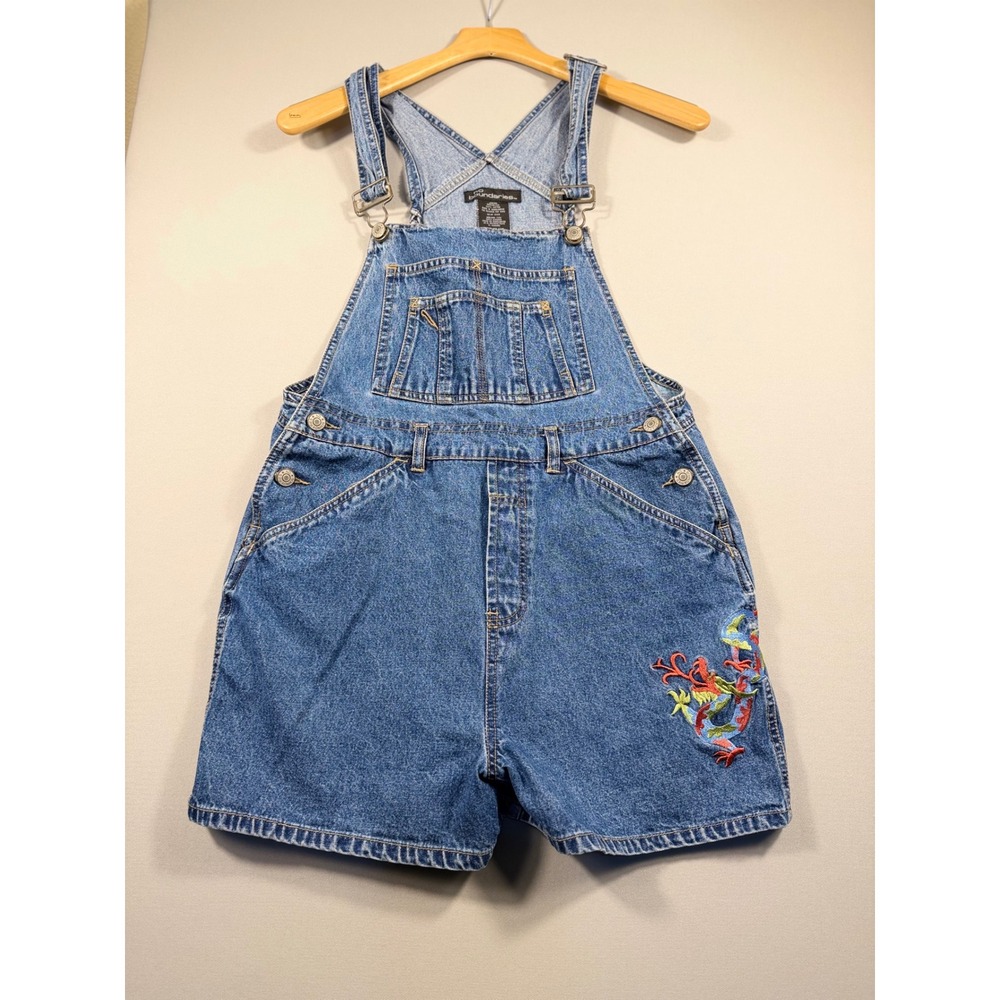 No Boundaries Vintage Denim Dragon Embroidered Shortalls Medium Wash Y2K 7/9